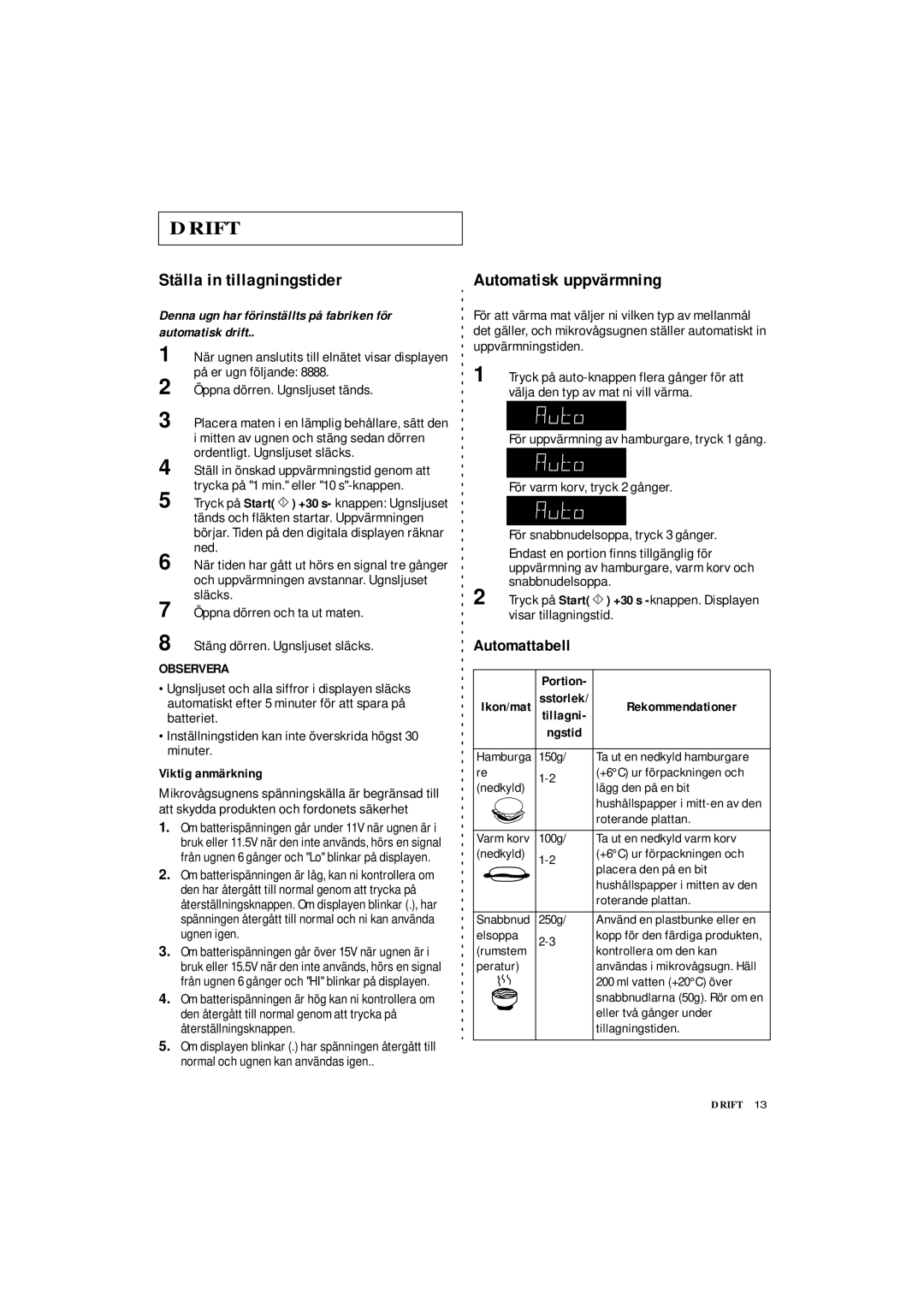 Samsung DE7711 Ställa in tillagningstider, Automatisk uppvärmning, Automattabell, Viktig anmärkning, Rekommendationer 