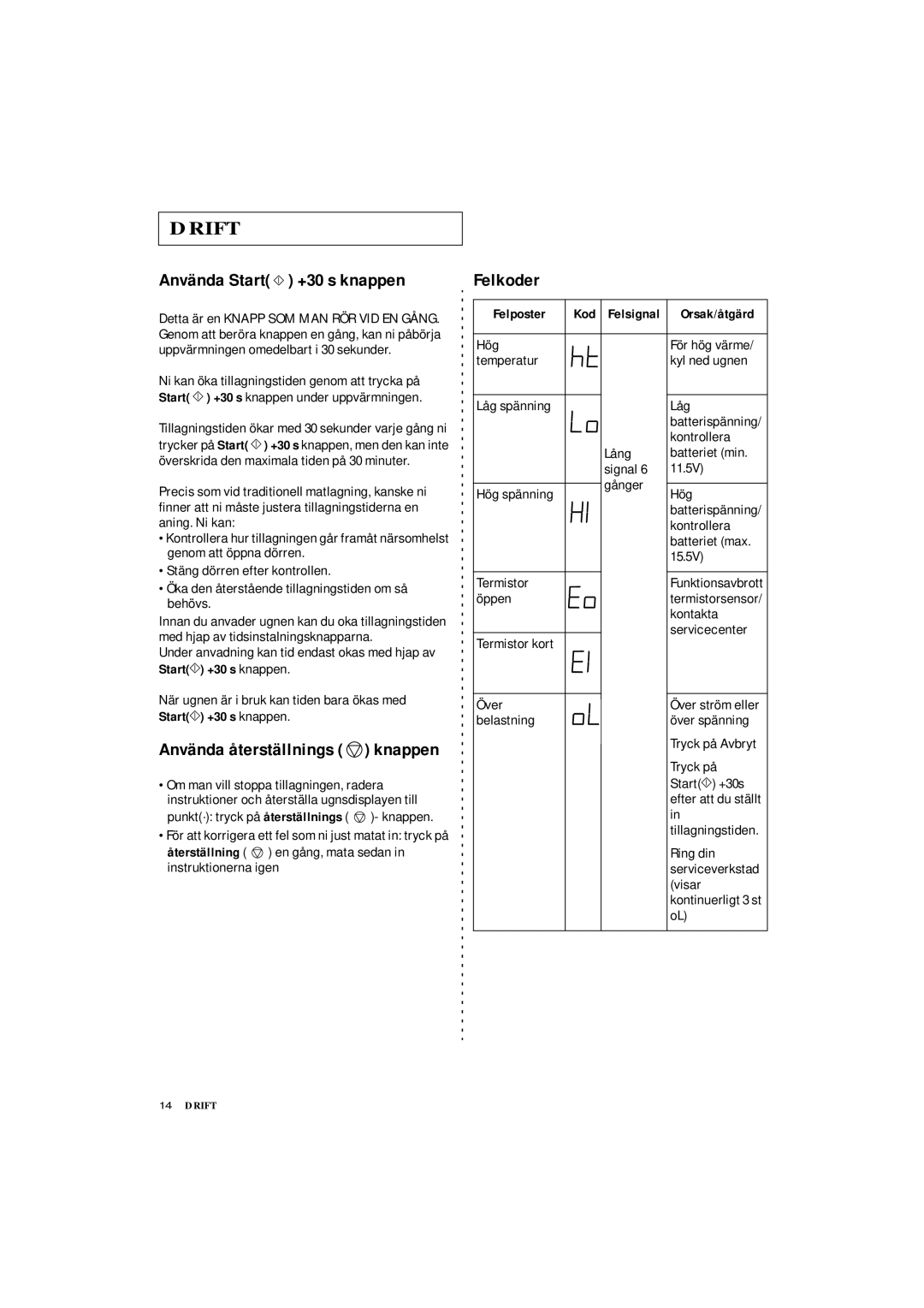 Samsung DE7711 manual Använda Start +30 s knappen, Felkoder, Använda återställnings knappen, Felposter Kod Felsignal 