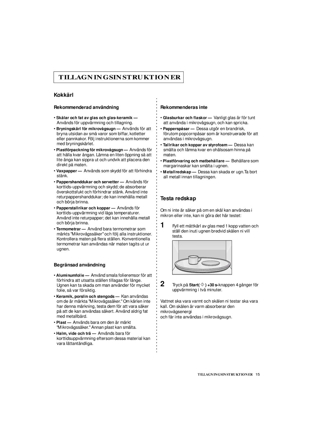 Samsung DE7711 manual Kokkärl, Testa redskap, Vaxpapper Används som skydd för att förhindra stänk 