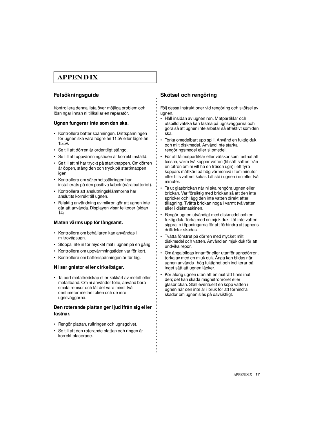 Samsung DE7711 manual Felsökningsguide, Skötsel och rengöring, Kontrollera om behållaren kan användas i mikrovågsugn 