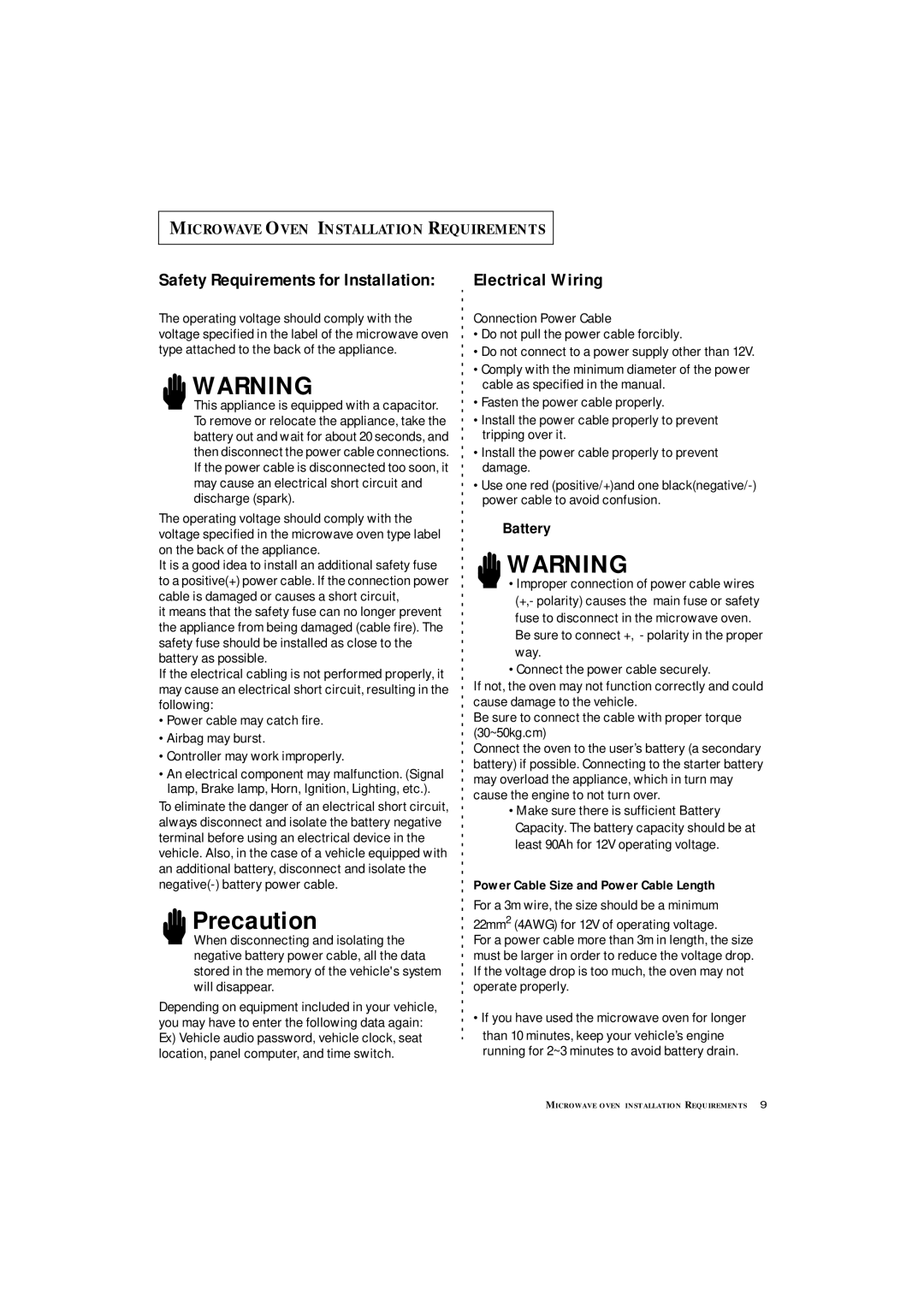 Samsung DE7711 manual Safety Requirements for Installation, Electrical Wiring, Power Cable Size and Power Cable Length 