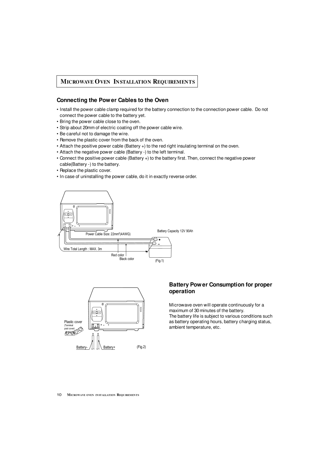 Samsung DE7711 manual Connecting the Power Cables to the Oven, Battery Power Consumption for proper operation 