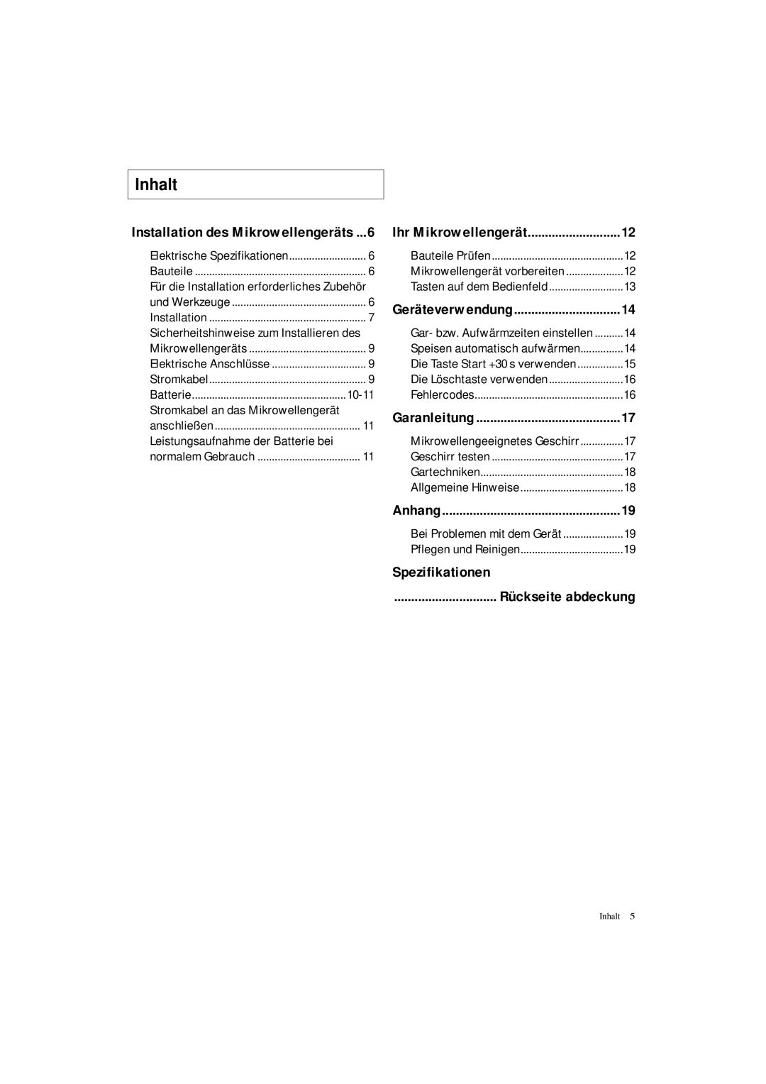 Samsung DE7711 manual Spezifikationen, Installation des Mikrowellengeräts 