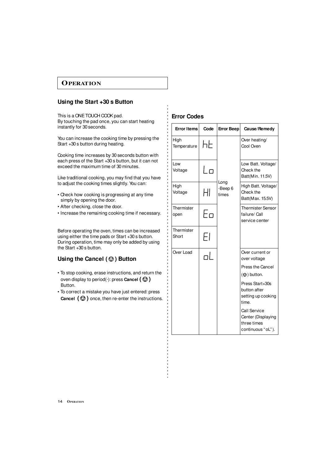 Samsung DE7711 manual Using the Start +30 s Button, Using the Cancel Button, Error Codes, Error Items Code 