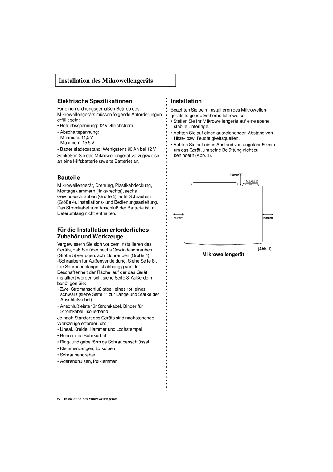 Samsung DE7711 manual Installation des Mikrowellengeräts, Elektrische Spezifikationen, Bauteile 