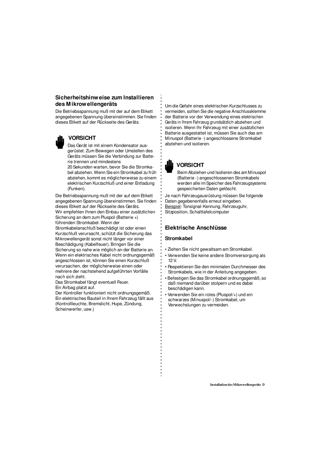 Samsung DE7711 manual Elektrische Anschlüsse, Sicherheitshinweise zum Installieren des Mikrowellengeräts, Stromkabel 