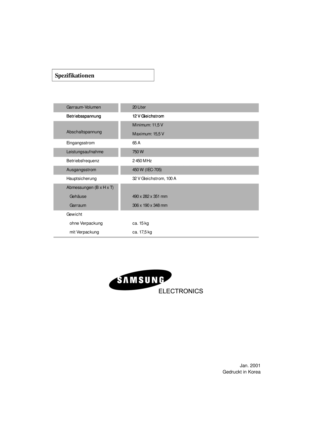 Samsung DE7711 manual Spezifikationen, Jan Gedruckt in Korea 