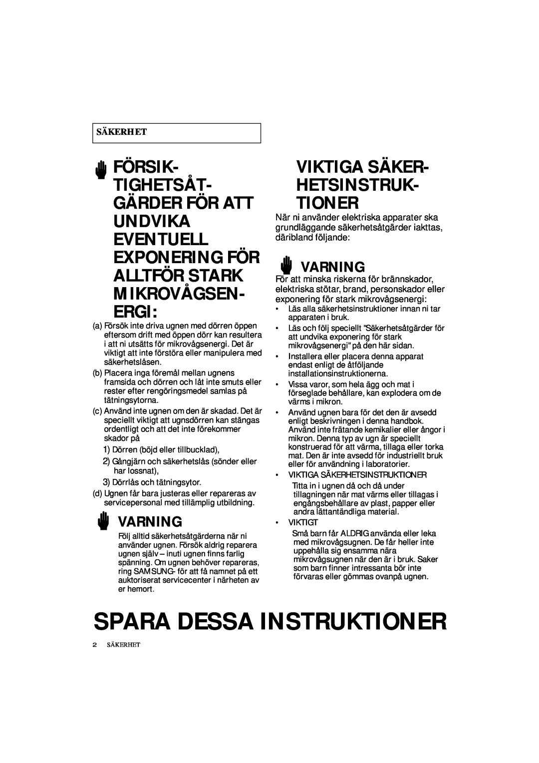 Samsung DE7711 manual Spara Dessa Instruktioner, Varning, Viktiga Säker- Hetsinstruk- Tioner, Säkerhet 
