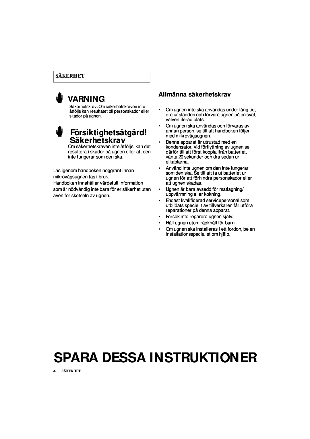 Samsung DE7711 manual Säkerhetskrav, Allmänna säkerhetskrav, Spara Dessa Instruktioner, Varning, Försiktighetsåtgärd 