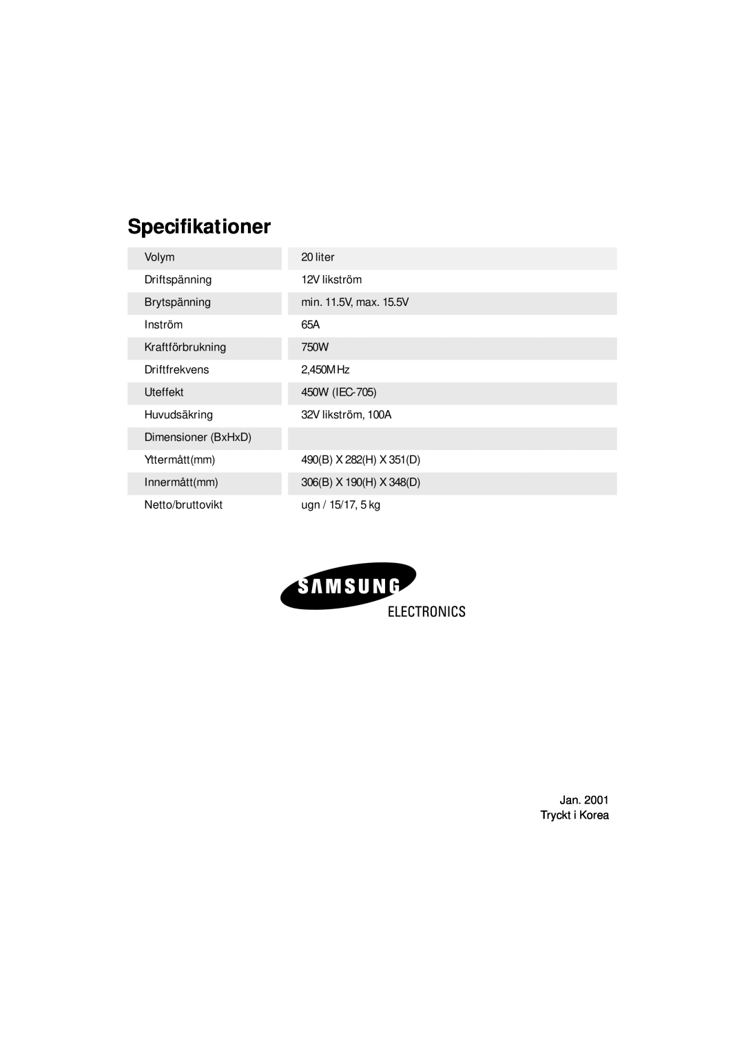 Samsung DE7711 manual Specifikationer 