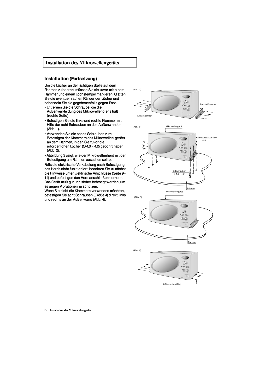 Samsung DE7711 manual Installation des Mikrowellengeräts, Installation Fortsetzung, Linke Klammer 