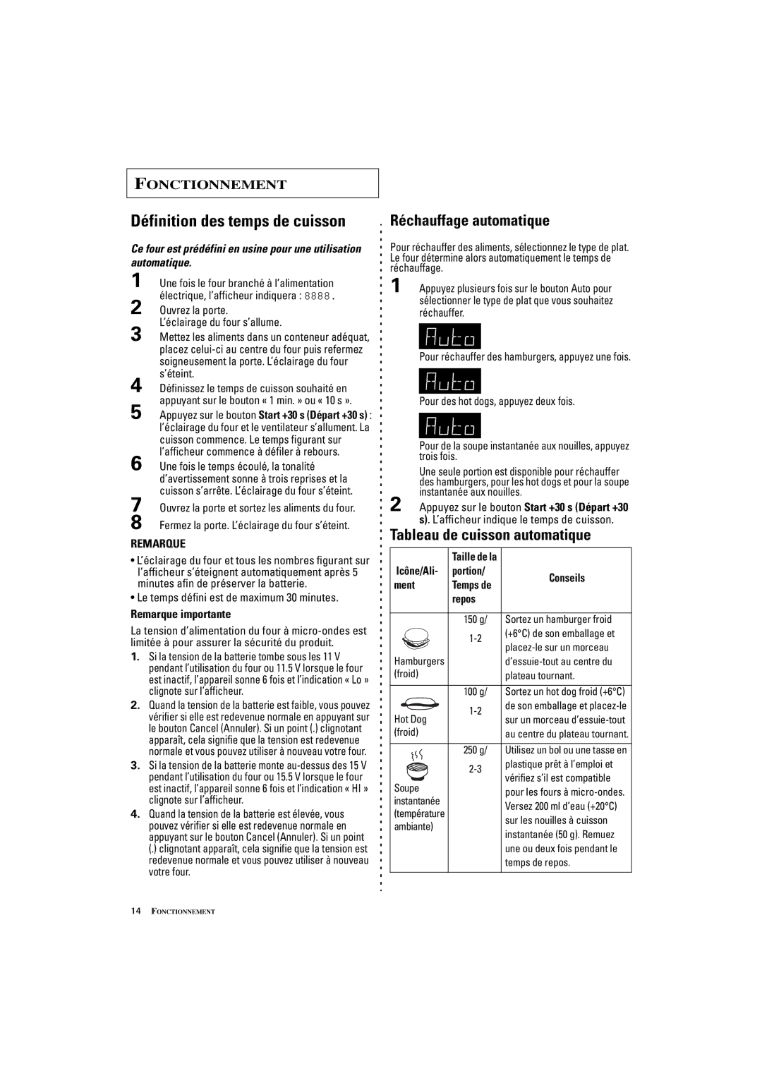 Samsung DE7711N/XEF manual Définition des temps de cuisson, Tableau de cuisson automatique 