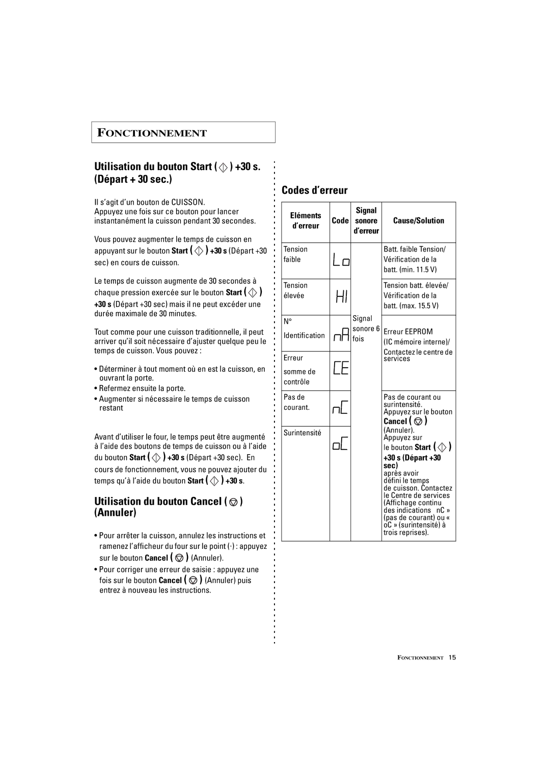 Samsung DE7711N/XEF manual Utilisation du bouton Start +30 s. Départ + 30 sec, Utilisation du bouton Cancel Annuler 