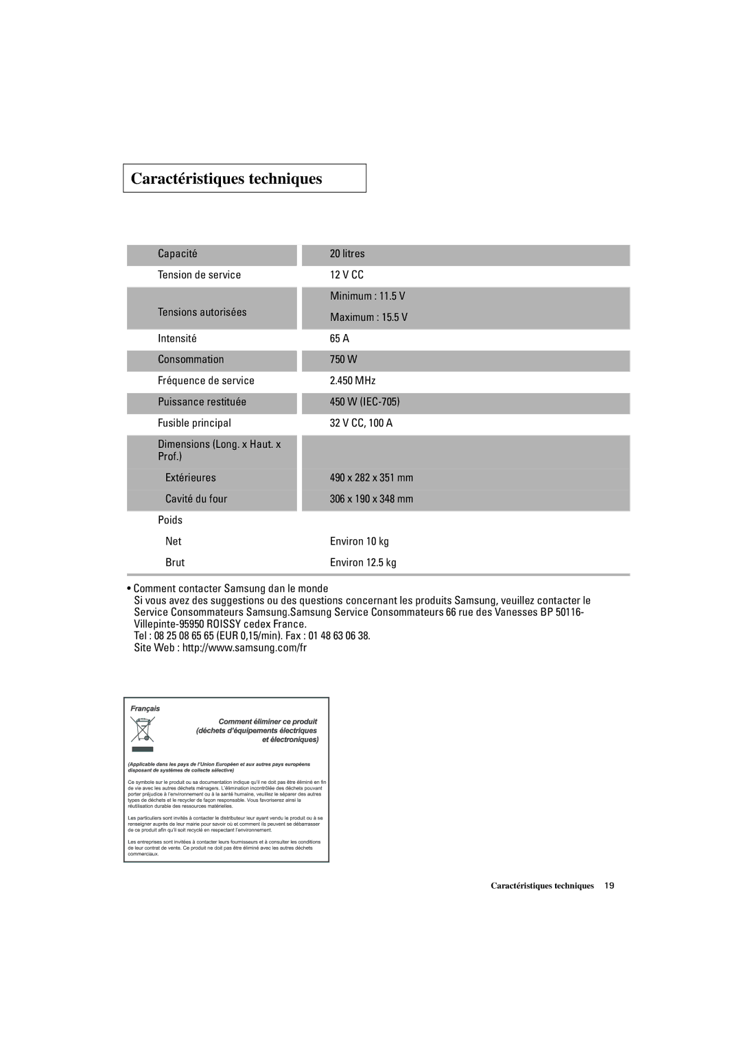 Samsung DE7711N/XEF manual Caractéristiques techniques 