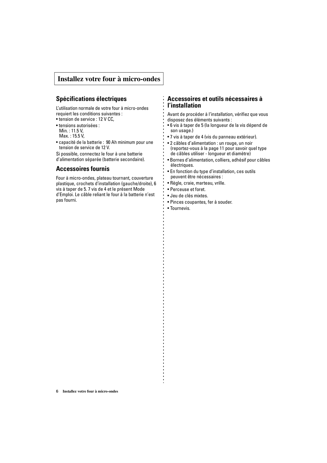 Samsung DE7711N/XEF manual Installez votre four à micro-ondes, Spécifications électriques, Accessoires fournis 