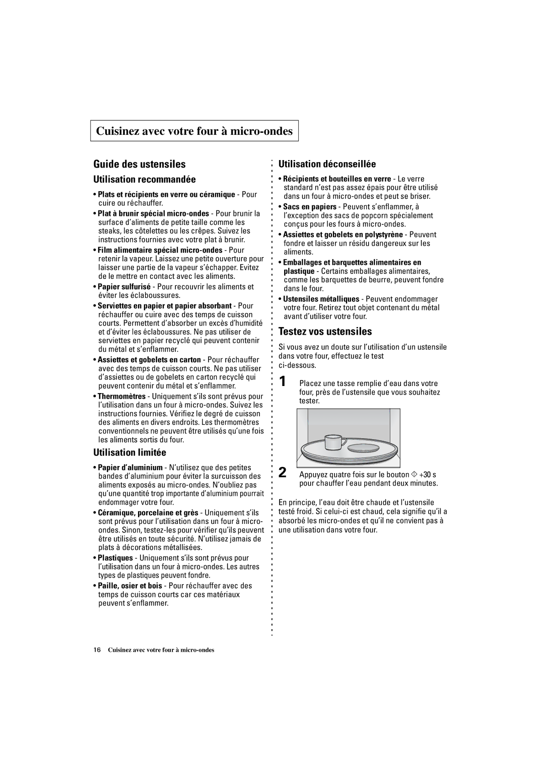 Samsung DE7712N/XEF manual Cuisinez avec votre four à micro-ondes, Guide des ustensiles, Testez vos ustensiles 