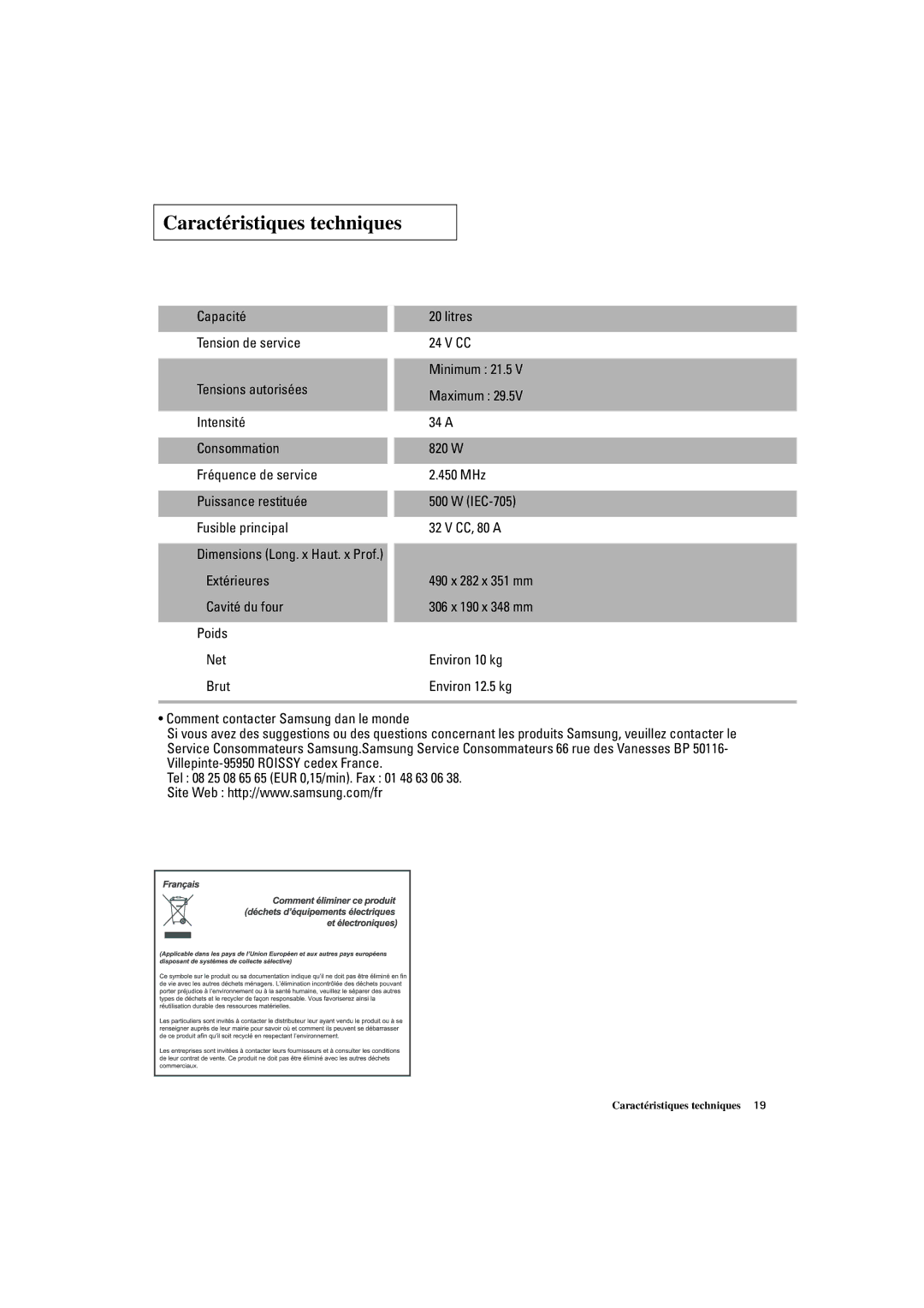 Samsung DE7712N/XEF manual Caractéristiques techniques 