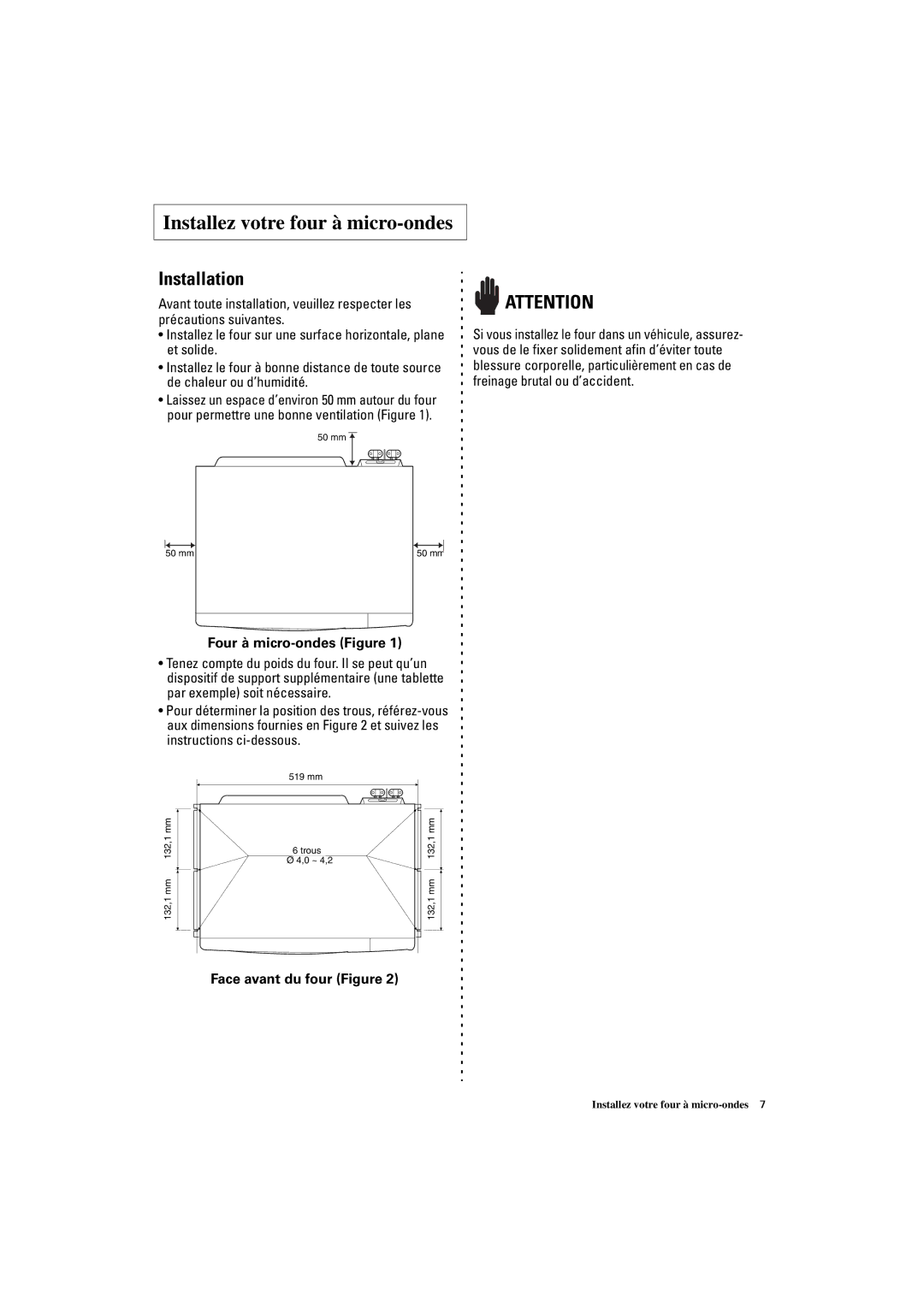 Samsung DE7712N/XEF manual Installation, Four à micro-ondes Figure 