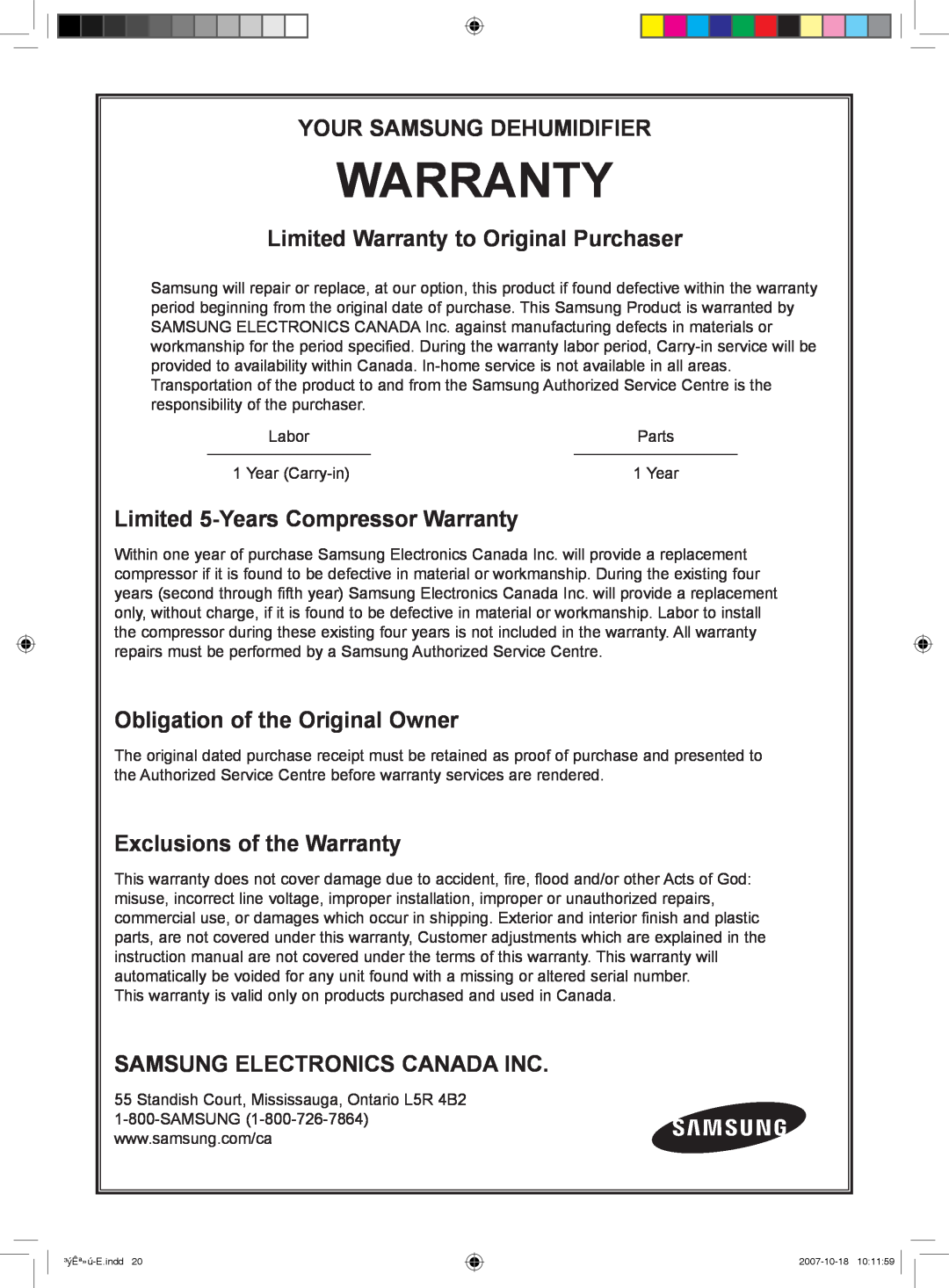 Samsung DED45EL8 Your Samsung Dehumidifier, Limited Warranty to Original Purchaser, Limited 5-YearsCompressor Warranty 