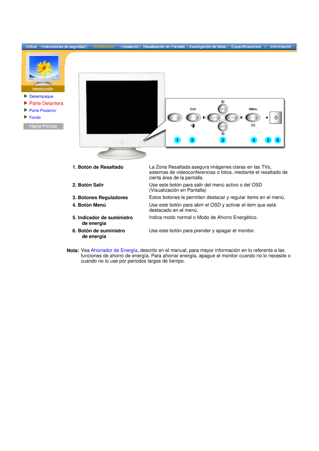 Samsung DF manual Parte Delantera, Cierta área de la pantalla, Botón de suministro, De energía 