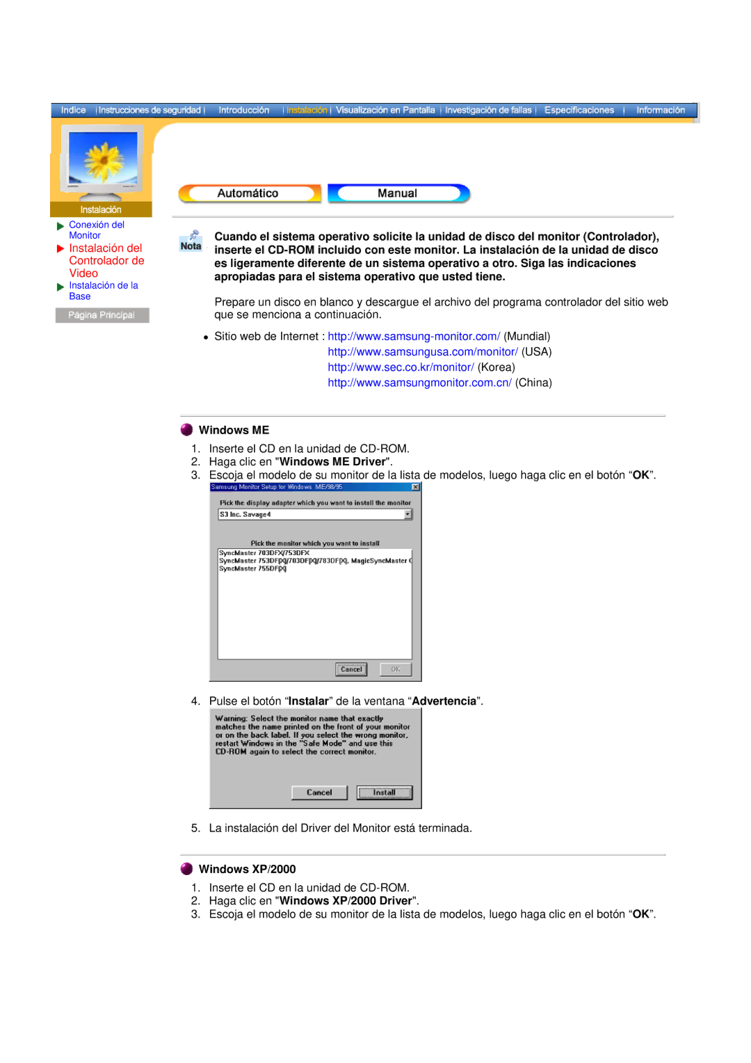 Samsung DF manual Instalación del Controlador de Video, Haga clic en Windows ME Driver, Windows XP/2000 