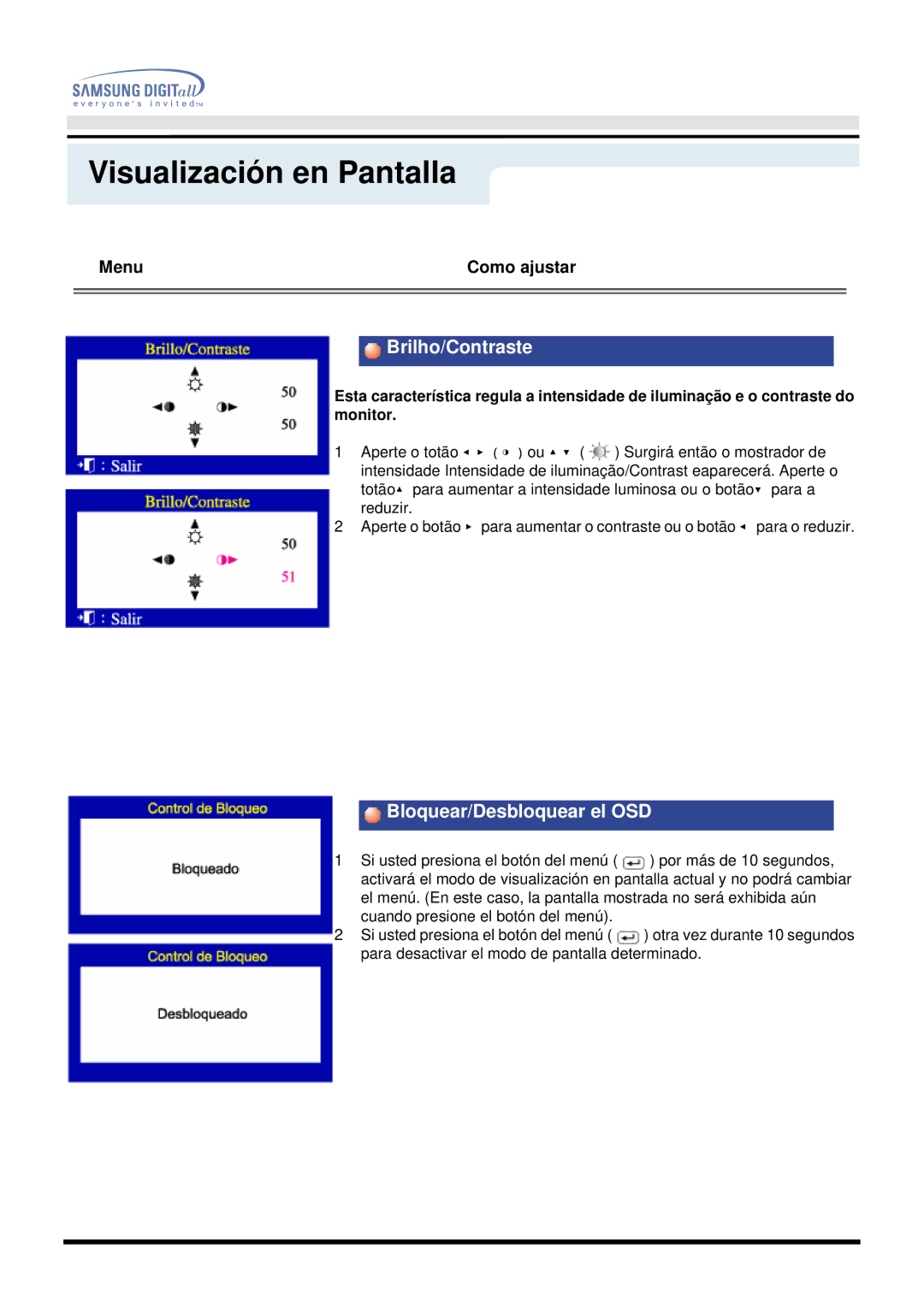 Samsung DF manual Brilho/Contraste, Bloquear/Desbloquear el OSD 