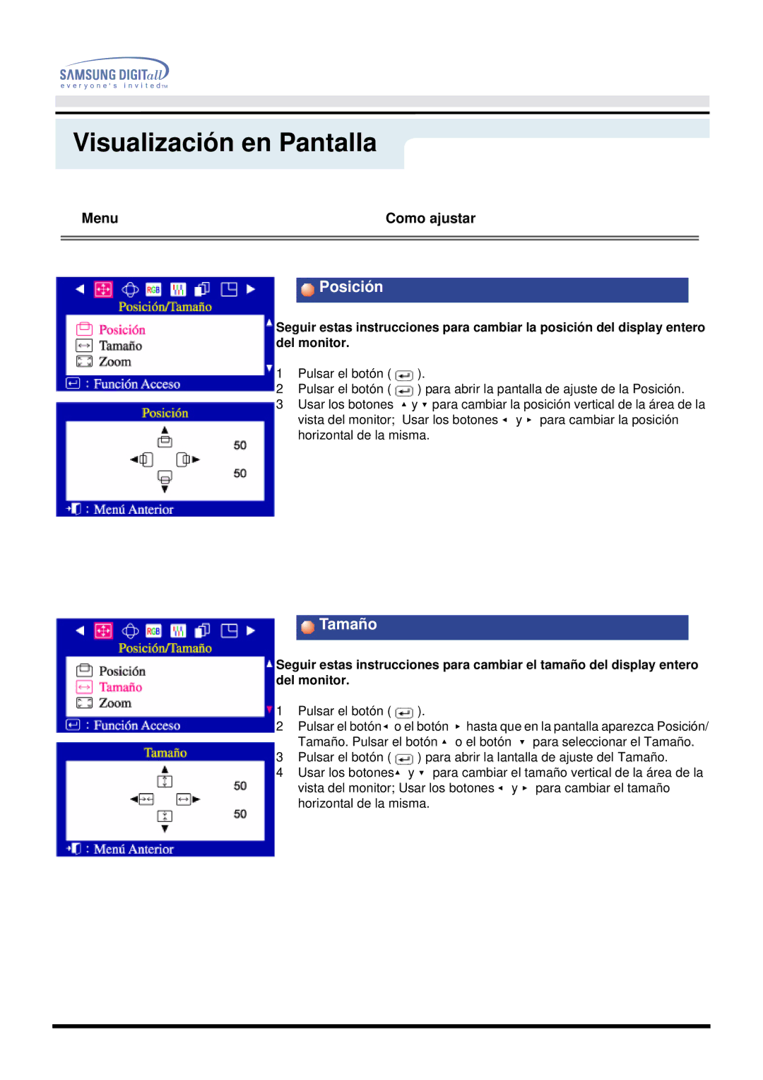 Samsung DF manual Posición, Tamaño 