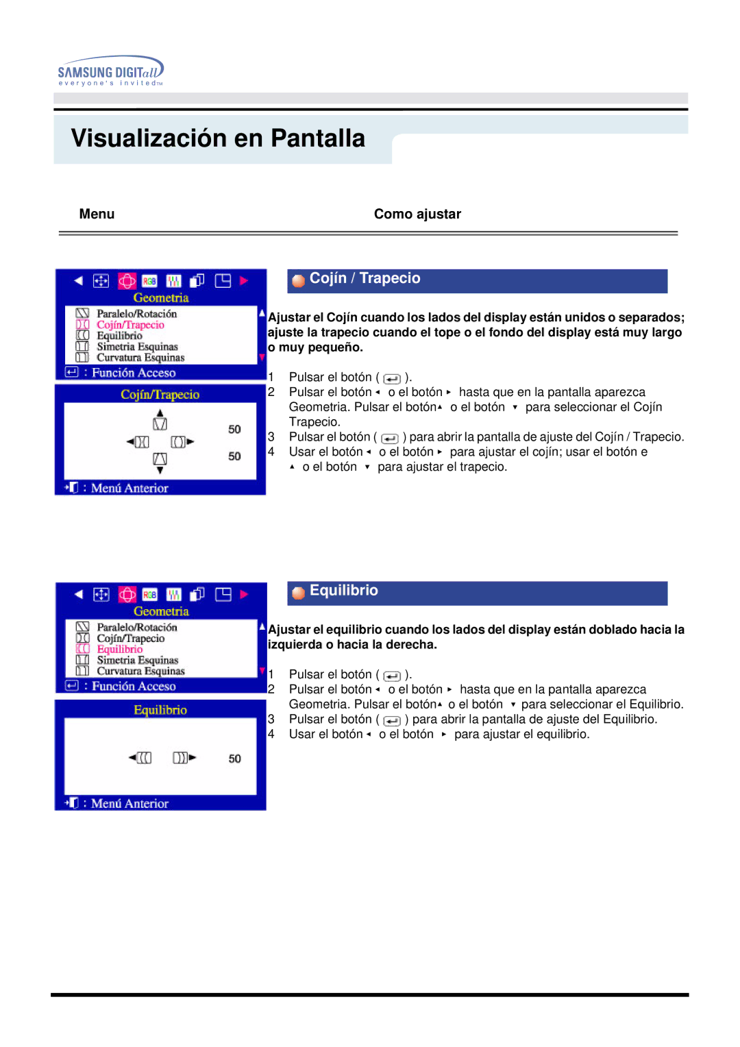 Samsung DF manual Cojín / Trapecio, Equilibrio 