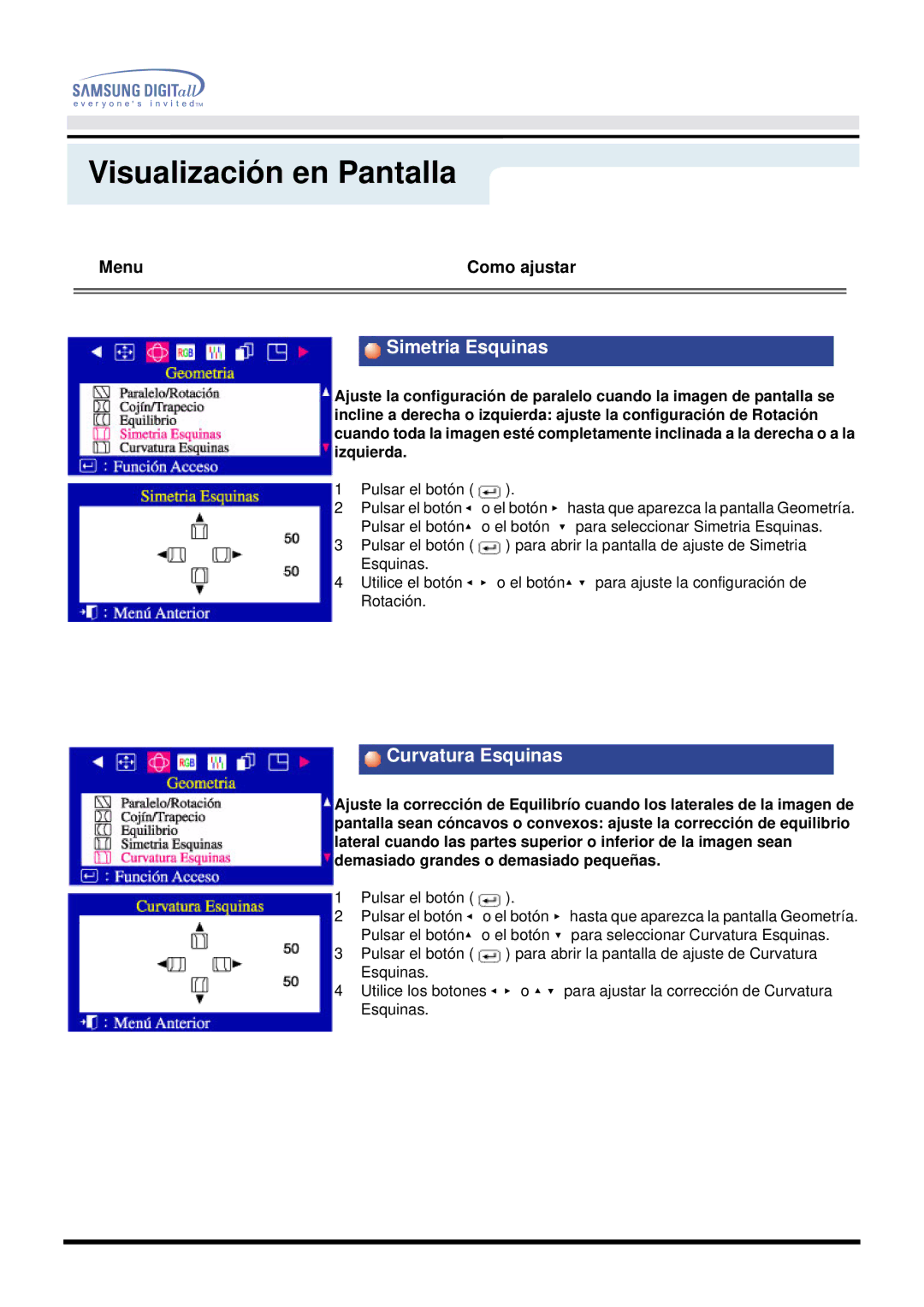 Samsung DF manual Simetria Esquinas, Curvatura Esquinas 