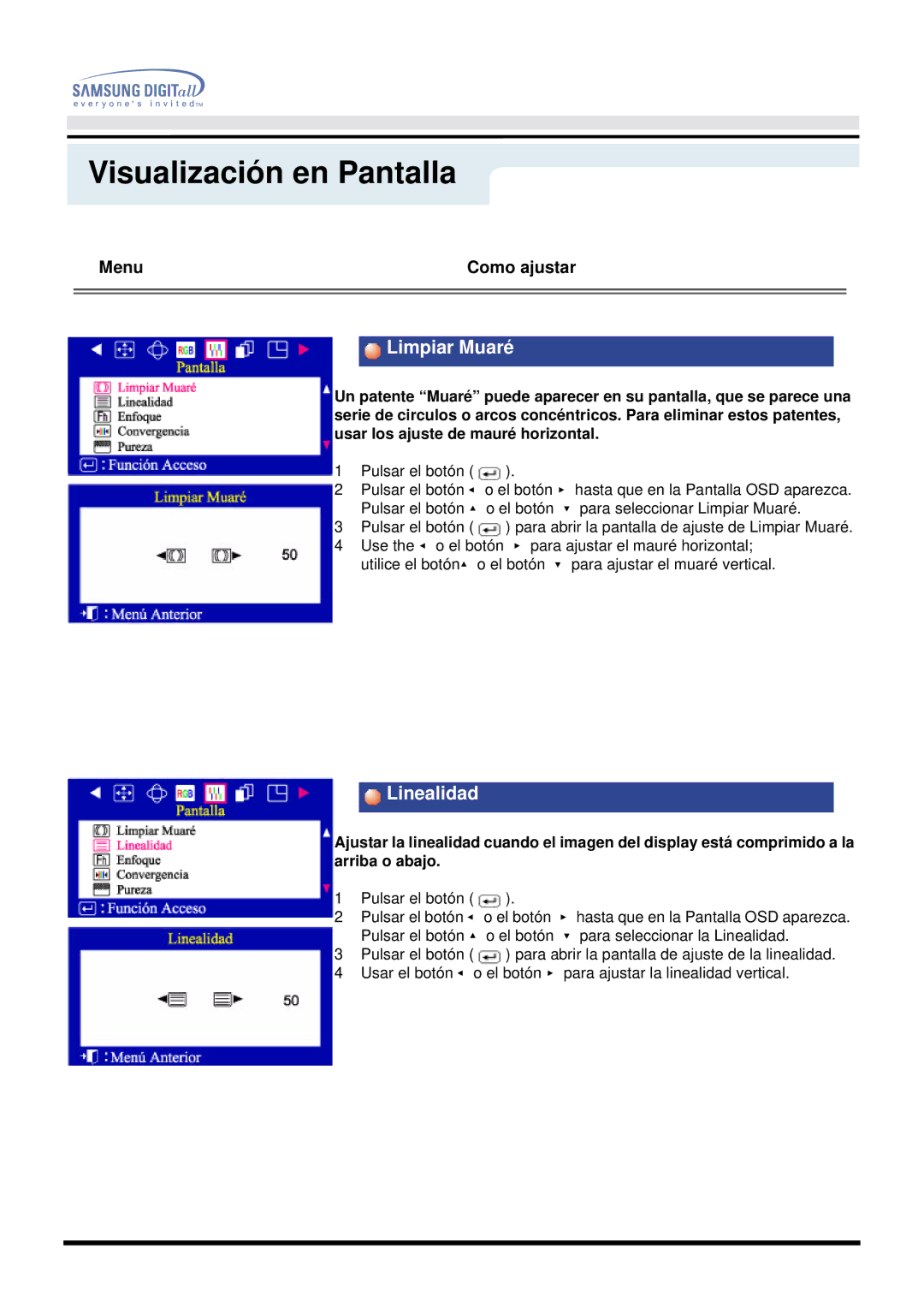 Samsung DF manual Limpiar Muaré, Linealidad 