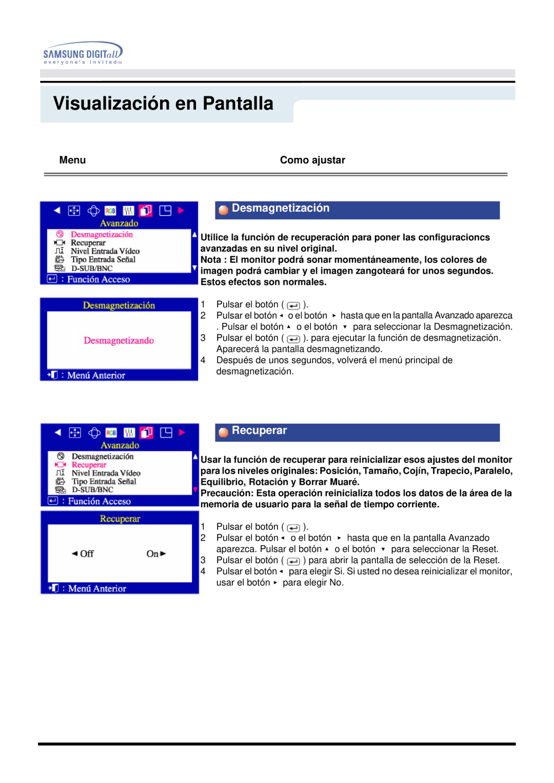 Samsung DF manual Desmagnetización, Recuperar 