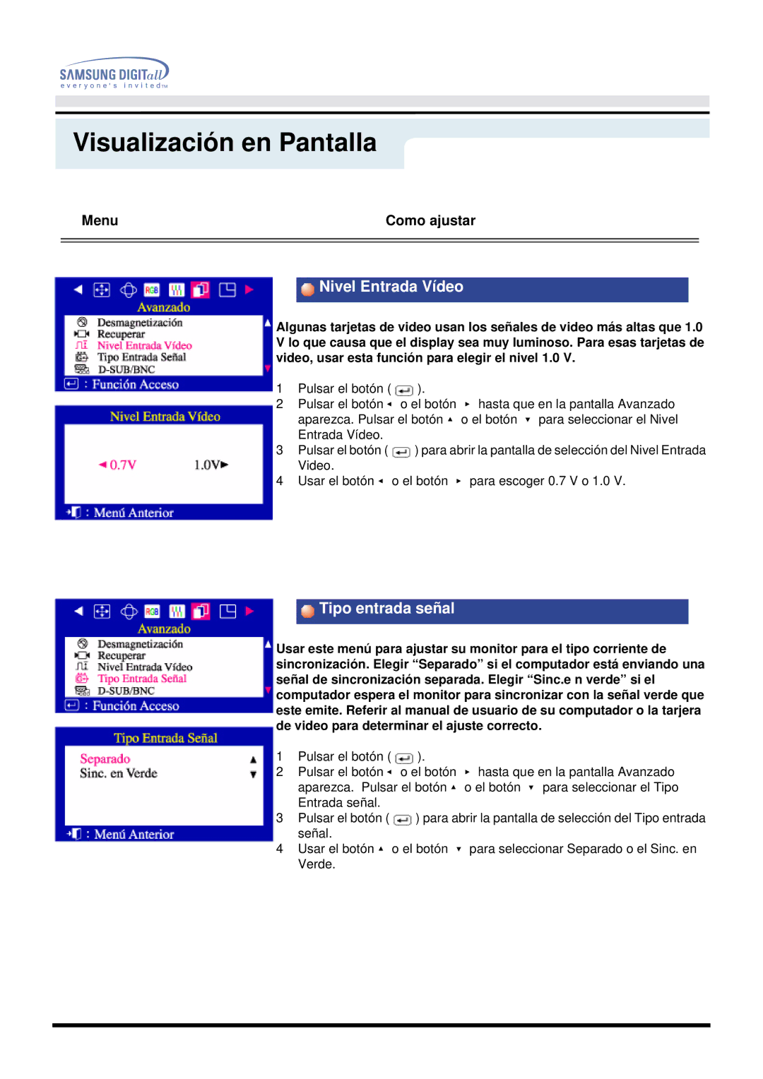 Samsung DF manual Nivel Entrada Vídeo, Tipo entrada señal 