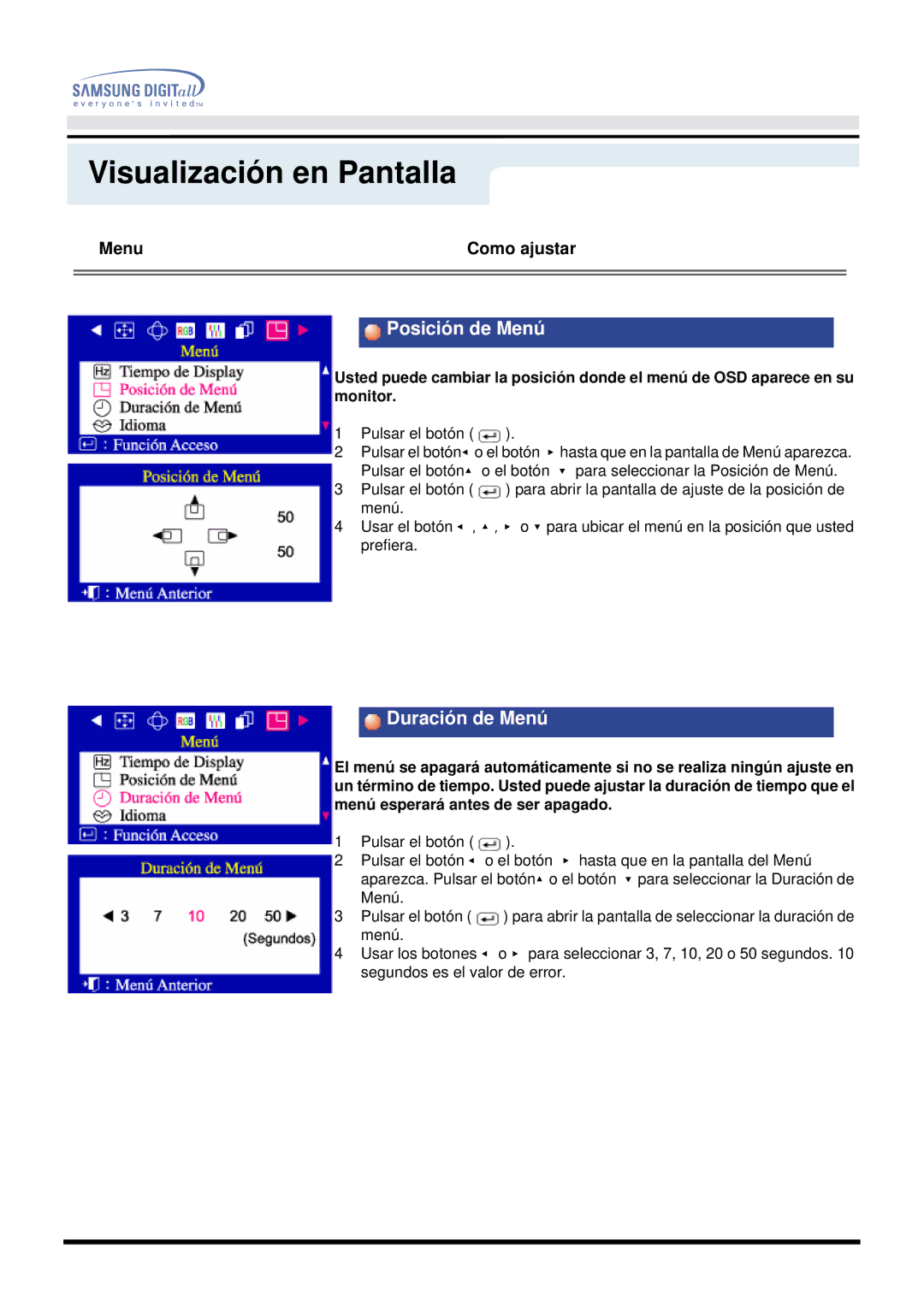 Samsung DF manual Posición de Menú, Duración de Menú 