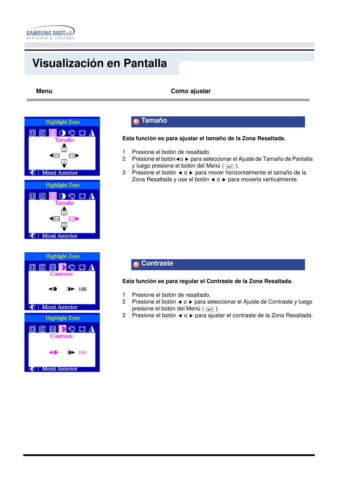 Samsung DF manual Contraste, Esta función es para ajustar el tamaño de la Zona Resaltada 