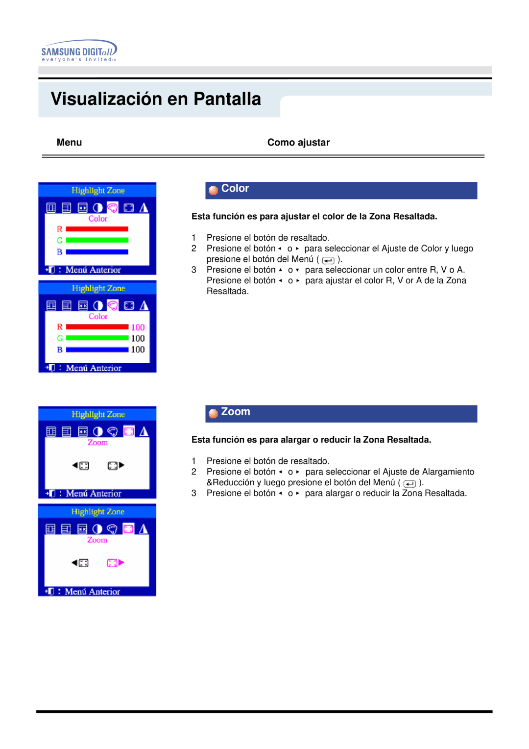 Samsung DF manual Color, Esta función es para ajustar el color de la Zona Resaltada 