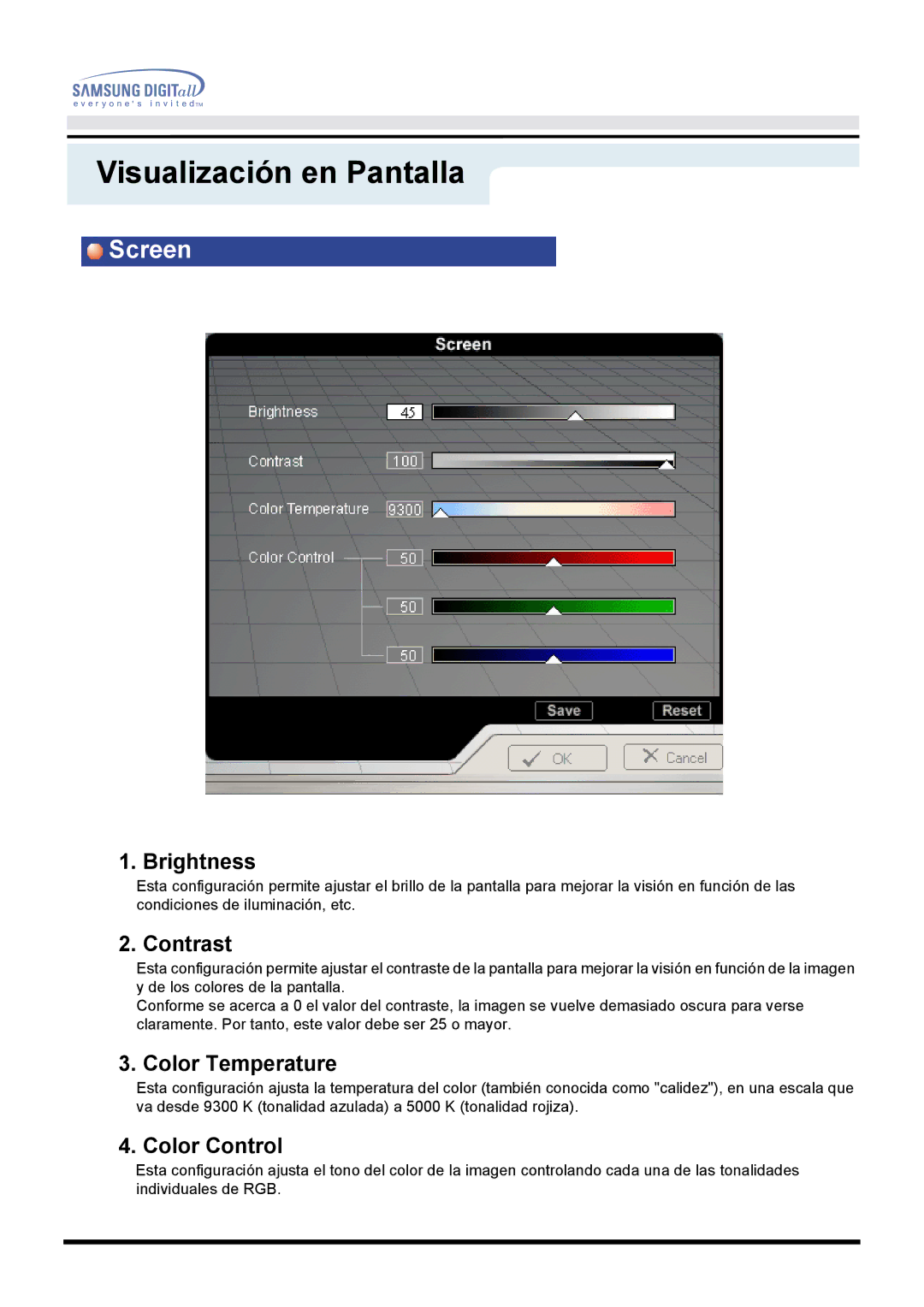 Samsung DF manual Brightness, Contrast, Color Temperature, Color Control 