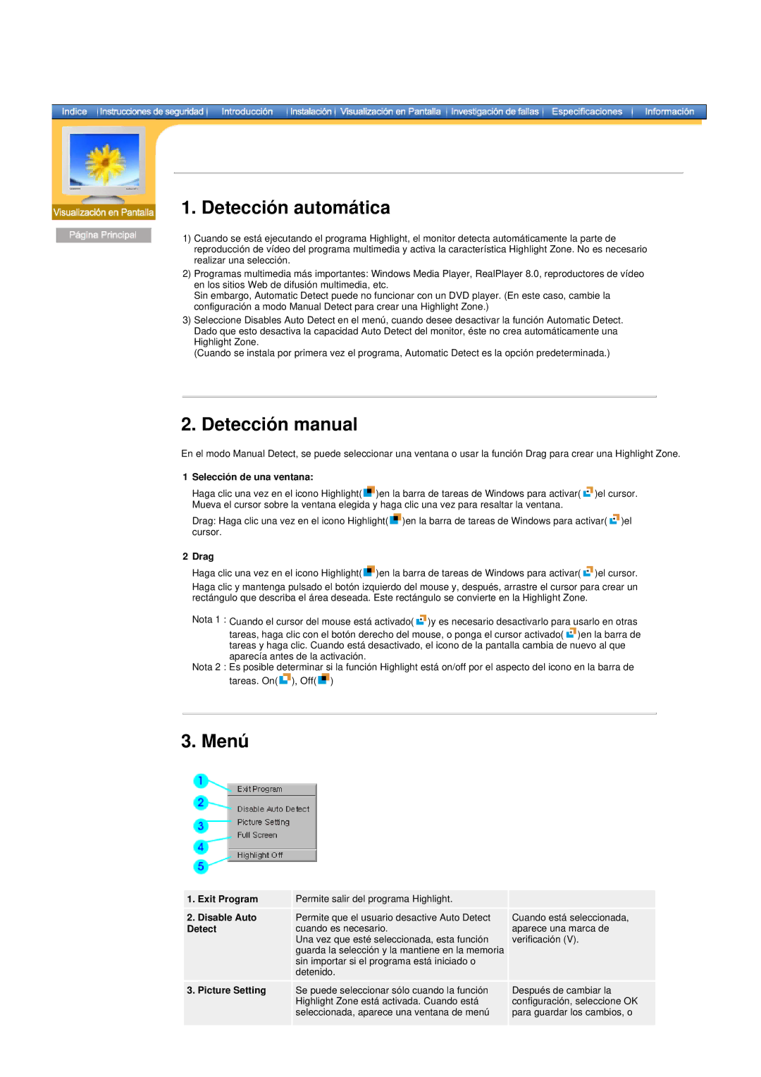 Samsung DF Detección automática, Detección manual, Menú 