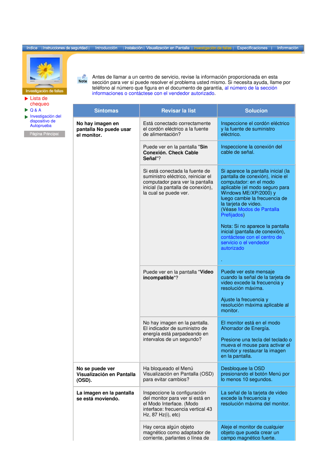 Samsung DF manual Lista de chequeo, No hay imagen en pantalla No puede usar el monitor, Conexión. Check Cable Señal? 