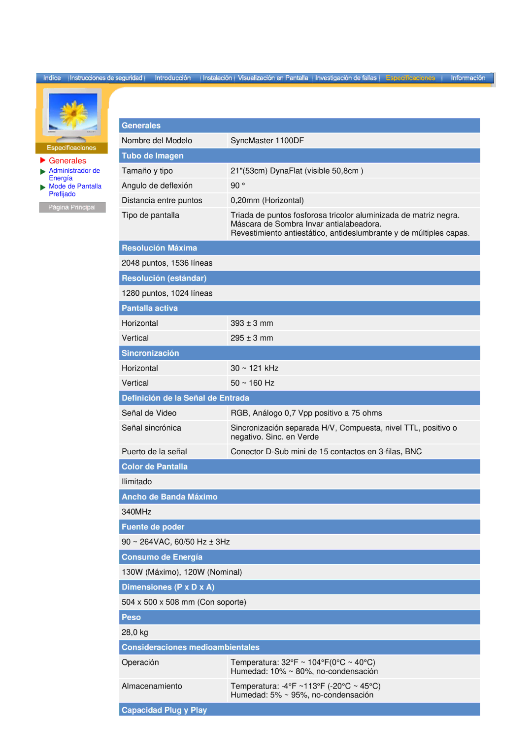 Samsung DF manual Generales, Tubo de Imagen 