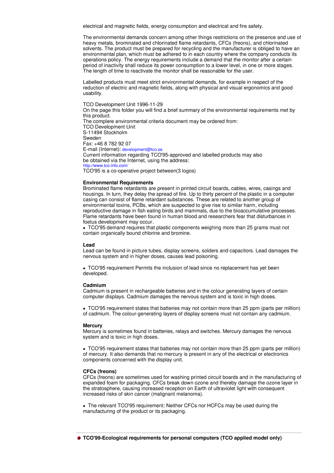 Samsung DF manual Environmental Requirements, Lead, Cadmium, Mercury, CFCs freons 