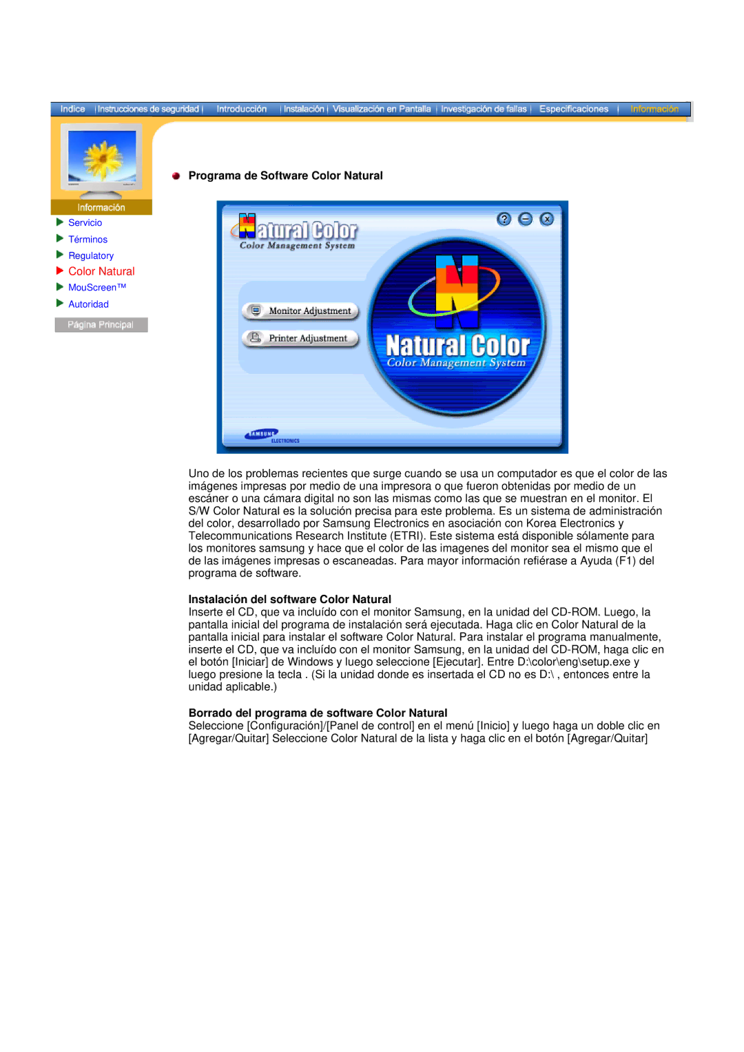 Samsung DF manual Programa de Software Color Natural, Instalación del software Color Natural 