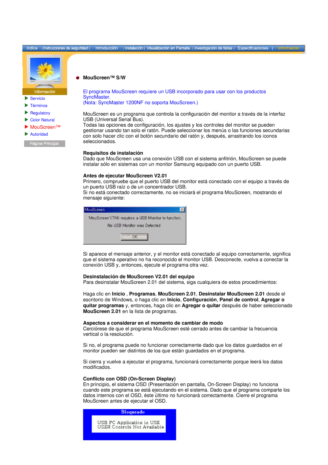 Samsung DF manual Requisitos de instalación, Antes de ejecutar MouScreen, Desinstalación de MouScreen V2.01 del equipo 