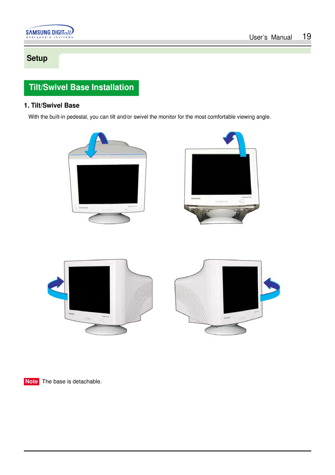 Samsung 755DFX manual Tilt/Swivel Base Installation 