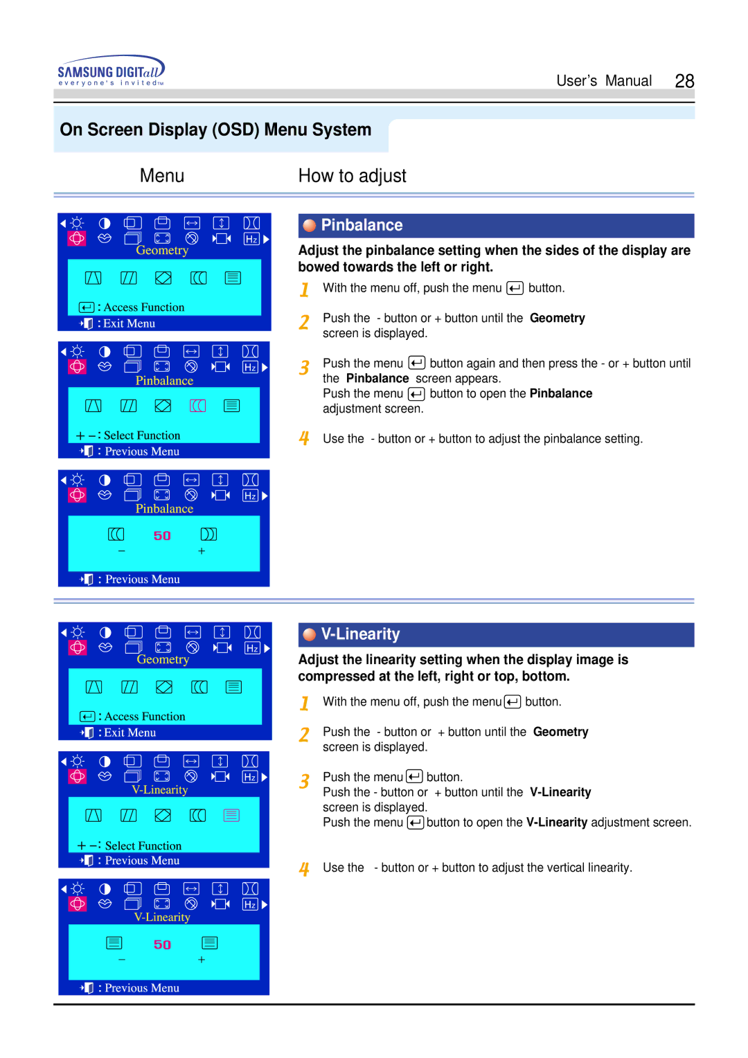 Samsung 755DFX manual Pinbalance, Linearity 