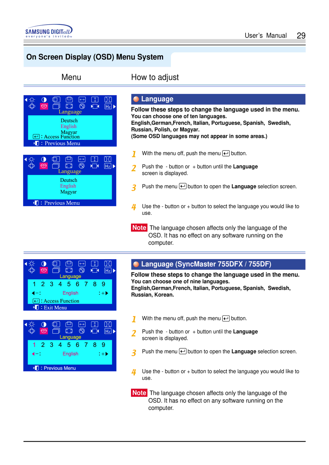 Samsung manual Language SyncMaster 755DFX / 755DF 