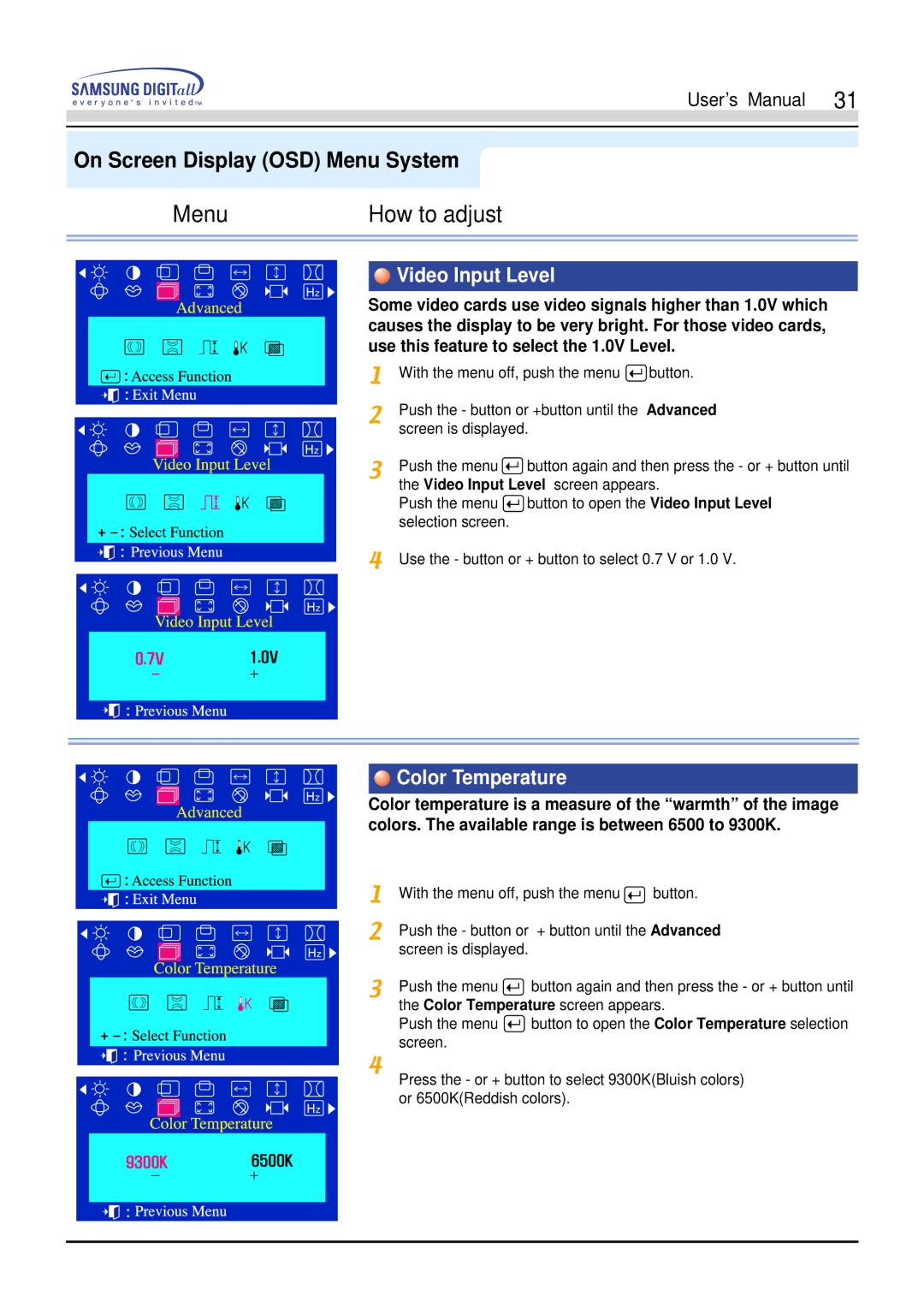 Samsung 755DFX manual Video Input Level, Color Temperature 