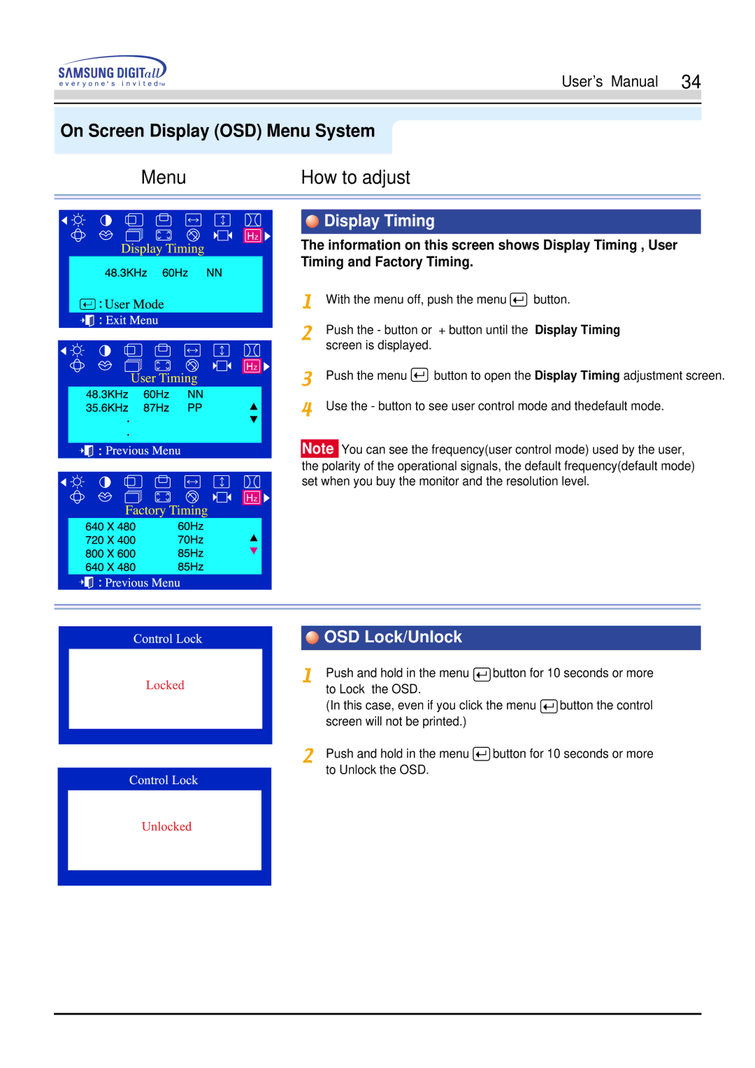 Samsung 755DFX manual Display Timing, OSD Lock/Unlock 