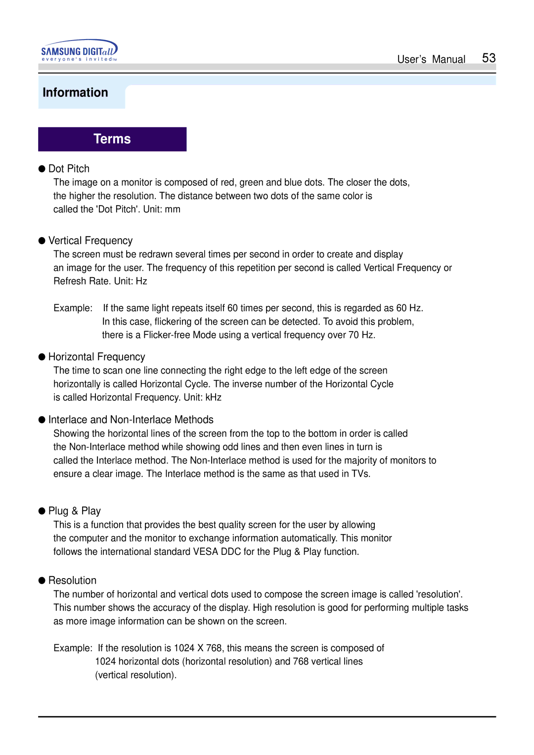 Samsung 755DFX manual Terms, Dot Pitch 