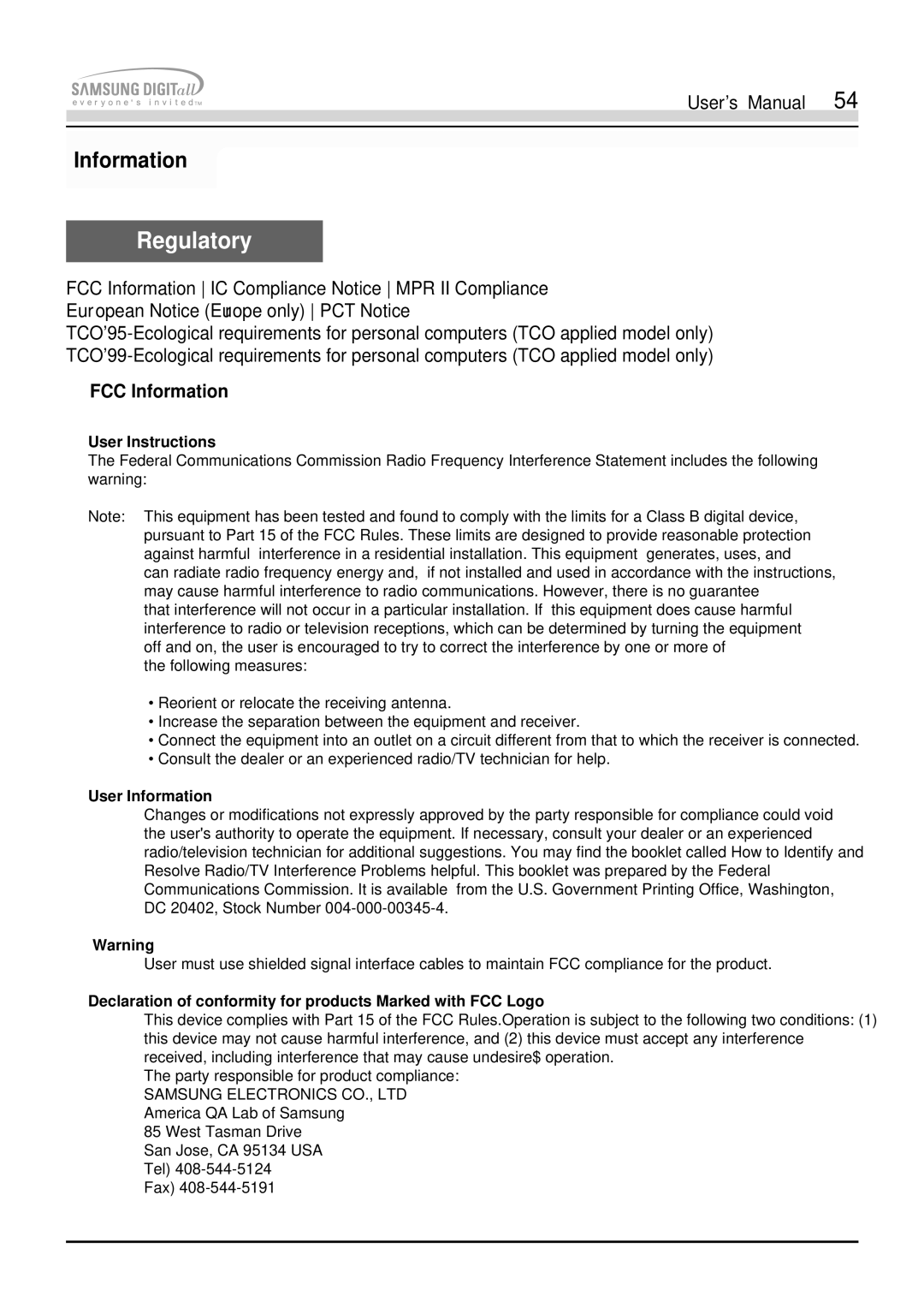 Samsung 755DFX manual Regulatory, FCC Information 