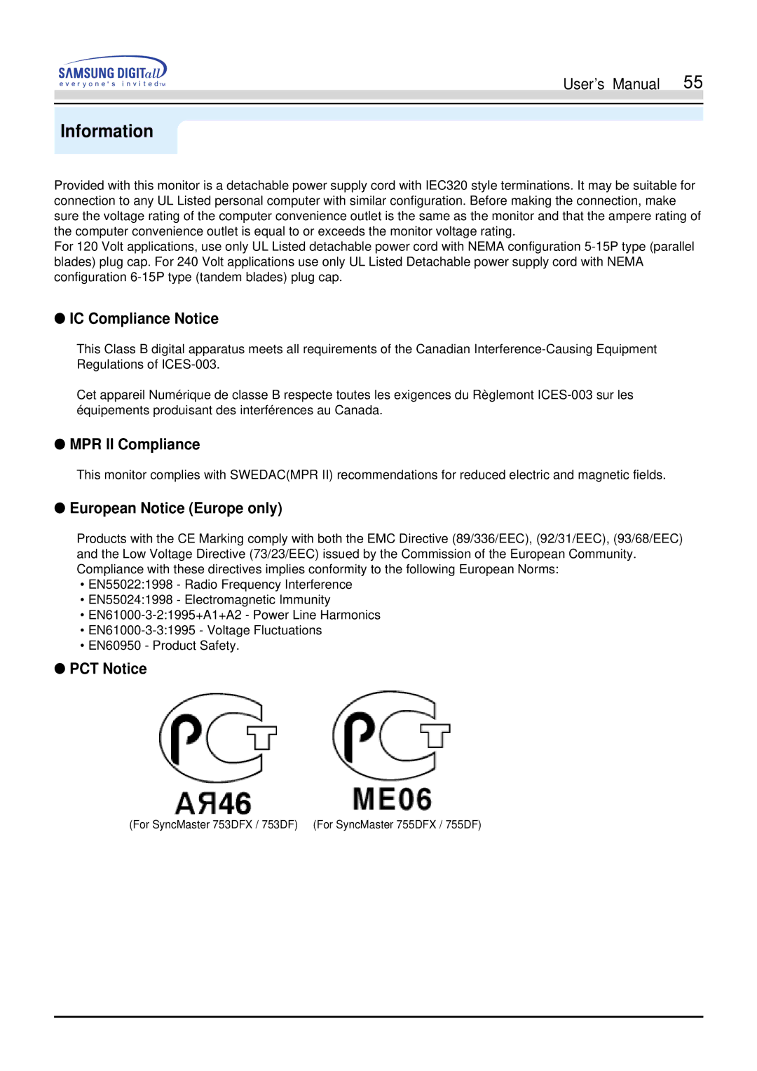 Samsung 755DFX manual IC Compliance Notice, MPR II Compliance, European Notice Europe only, PCT Notice 